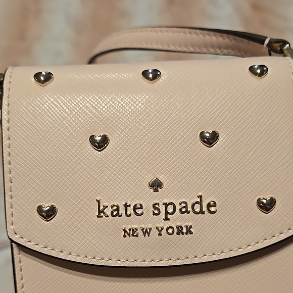 New Kate Spade Light Rose Pink Leather Crossbody Bag Gold Heart Studded - Picture 6 of 8